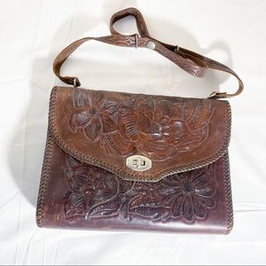 Vtg.Hand Tooled embossed Mexico leather shoulder bag purse brown One of a kind